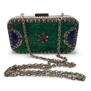 Handmade Mosaic Stone Clutch – Green Red Blue Inlay – NEW Artisanal Evening Bag